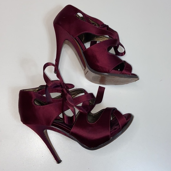 Leon Max I Wine Stiletto Heels W/ Silk Ribbon 7 - Picture 7 of 13